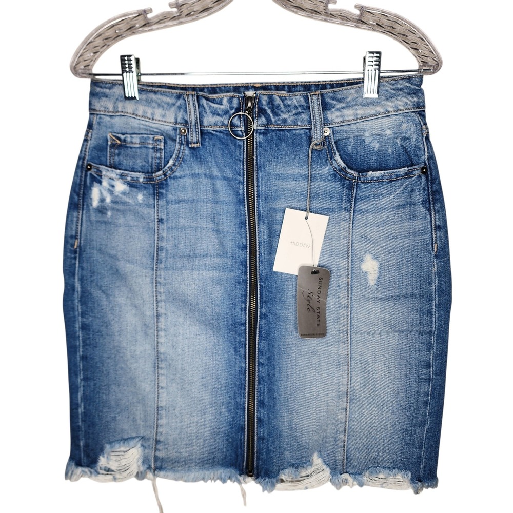 Hidden Jeans Womens Distressed Front Zip Denim Mini Skirt Size M NEW‎ WITH TAGS